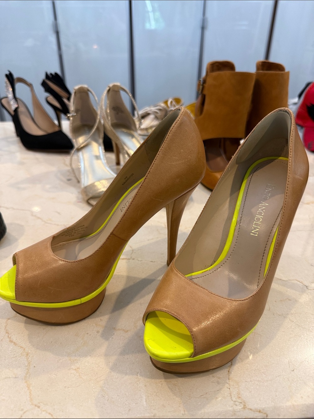 Enzo Angiolini Tan Pumps with Neon Yellow Accent